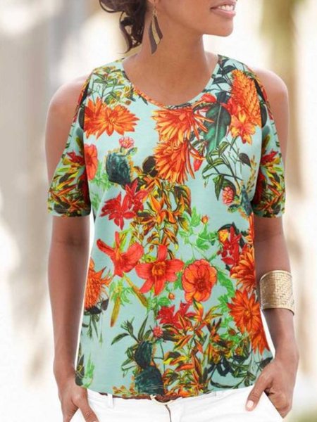 

Round Neck Floral Boho Short Sleeve T-shirt, Multicolor, T-Shirts