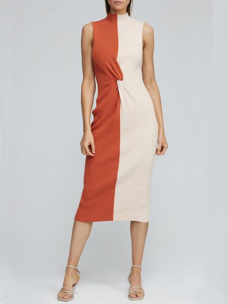 

Stand Collar Color Block Cross Fitted Knit Dress, Orange, Midi Dresses
