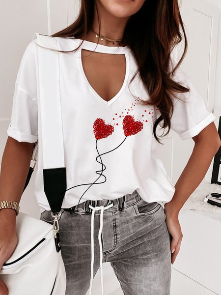 

V Neck Heart Regular Fit Short Sleeve T-shirt, White, T-Shirts