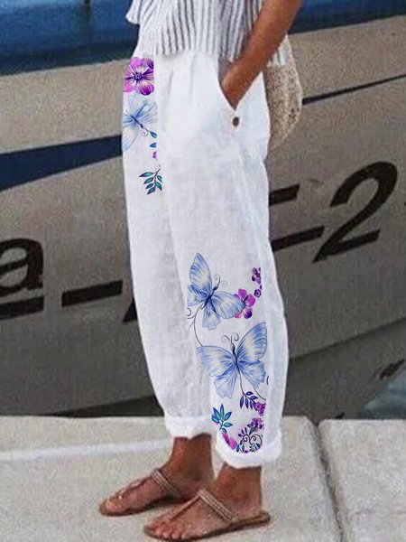 

Butterfly Printed Pockets Buttoned Elastic Waist Loosen Pants, White, Pants