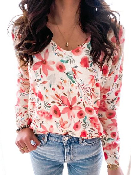 

casual Loosen Floral V Neck long sleeve Long Sleeve T-shirt, Red, Tops