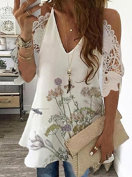 

Floral Dragonfly Printed Romantic Loosen Short Sleeve Tunic Tops, White, Tops