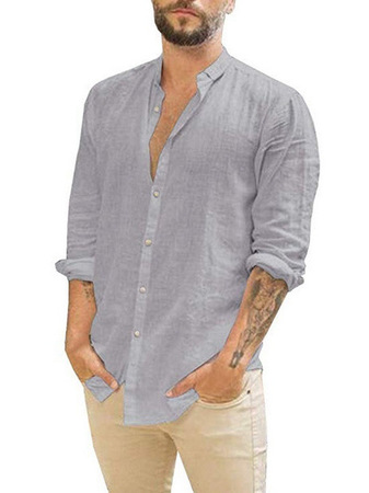 

Solid Color Casual Cotton Linen Long Sleeve Shirt, Gray, Shirt