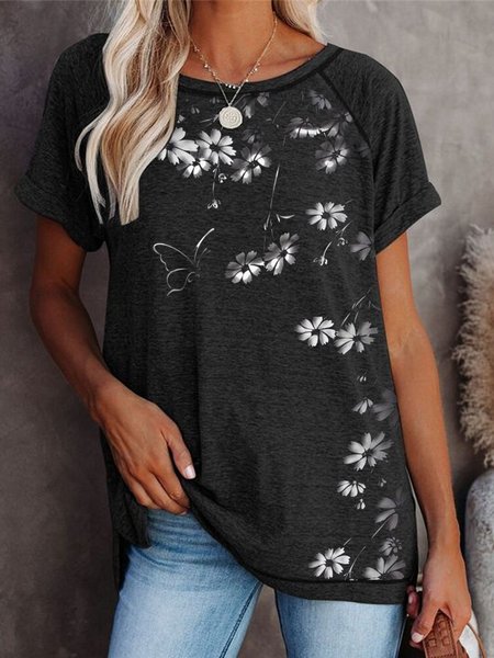 

Floral Butterfly Loosen Casual Short Sleeve T-Shirt, Black, T-Shirts