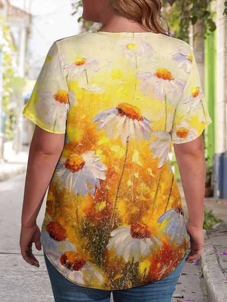 

Casual Daisy Print V-Neck Short Sleeve T-Shirt, As picture, T-shirts