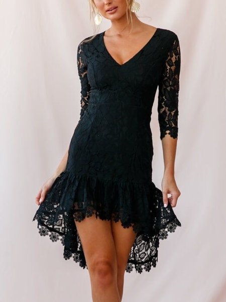 

V-neck Elegant Black Lace Dress, Mini Dresses