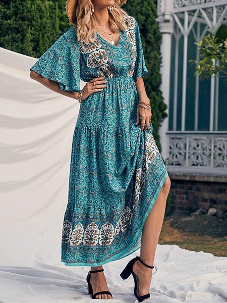 

V Neck Floral Short Sleeve Woven Dress, Blue, Dresses