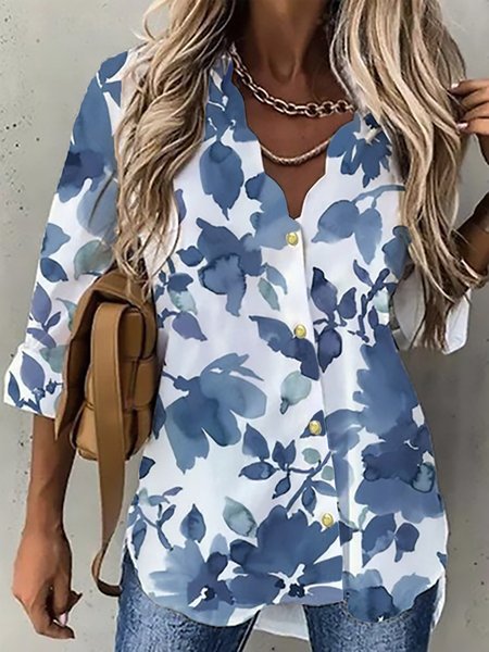 

Casual V Neck Floral Shirts & Tops, Blue, Blouses & Shirts