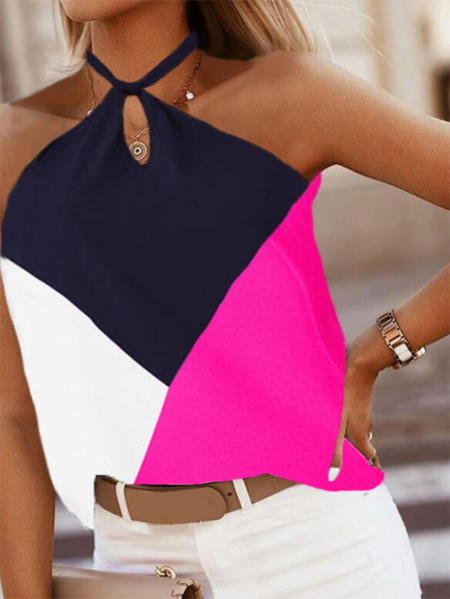 

Casual Color Block Halter Woven Tank, As picture, Tank Top