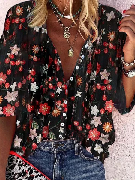 

Floral V Neck Mid Sleeve Blouse, Black, Shirts & Blouses