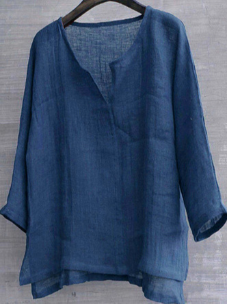 

Solid Color Casual Cotton Linen Long Sleeve Shirt, Blue, Shirt