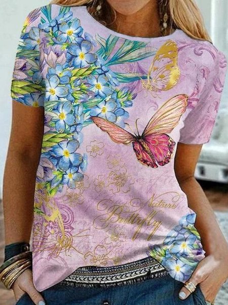 

Crew Neck Floral Butterfly Printed Romantic Loosen Short Sleeve T-Shirt, Flower, T-Shirts