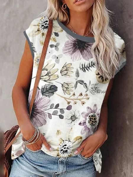 

Casual Floral Short Sleeve T-shirt, Multicolor, Tops