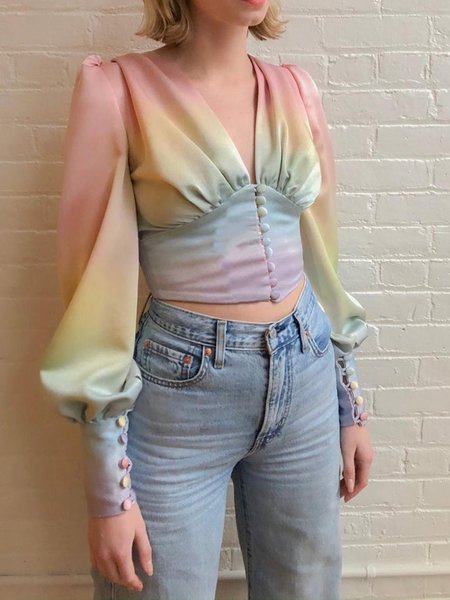 

V neck Ombre Regular Fit Long Sleeve Top, Multicolor, Tops