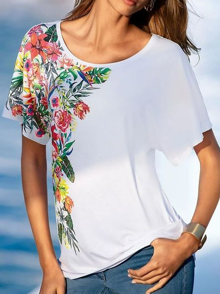 

Crew Neck Cotton Blends Loosen Floral Short Sleeve T-shirt, White, Tees & T-shirts
