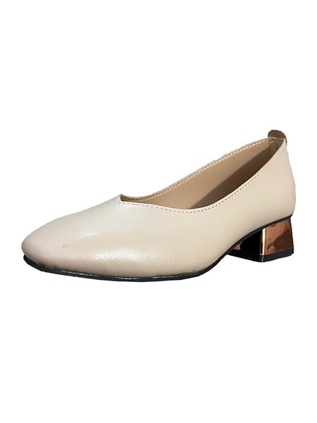 

British Professional Square Toe Metal Chunky Heel Shoes, Apricot, Flat & Loafers