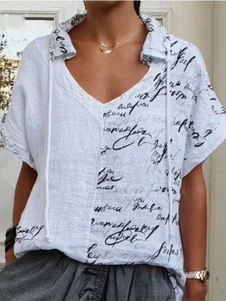 

Casual V Neck Letter Loosen Short Sleeve Tops, White, Blouses & Shirts