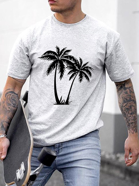 

Casual Style Hawaiian Coconut Print Men's Casual Short Sleeve T-Shirt, As picture, T-Shirts