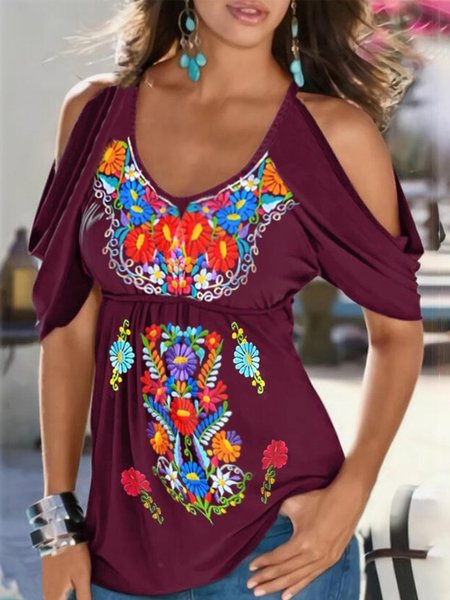 

Tribal Short Sleeves V Neck Plus Size Casual Tops, Wine red, T-Shirts