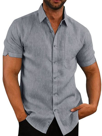 

Solid Color Casual Cotton Linen Short Sleeve Shirt, Gray, Shirt