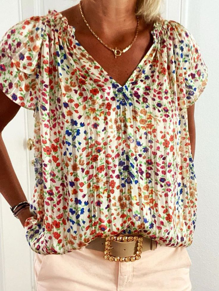 

V Neck Casual Floral Short Sleeve Blouse, As picture, Blouses & Shirts