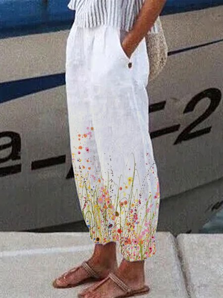 

Casual floral print spring new hot designer women's trousers, White, Pants