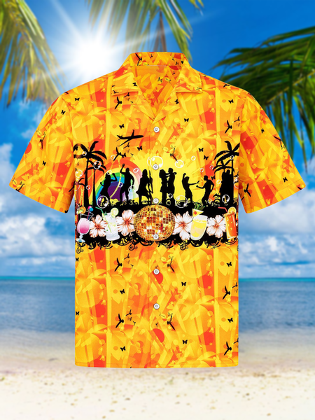 

Resort And Leisure Style Music Series Coconut Tree And Music Elements Pattern Lapel Short-Sleeved Printed Shirt Top, Yellow, Men's Floral shirt