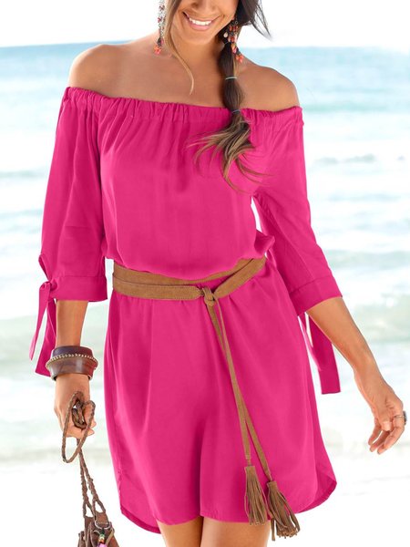 

Casual Three Quarter Boat Neck Plus Size Dress, Rose red, Mini Dresses