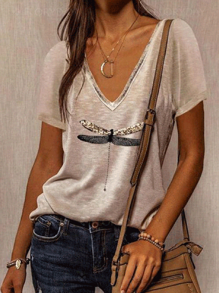 

Casual Dragonfly Print V-Neck Short Sleeve T-Shirt, Apricot, T-Shirts