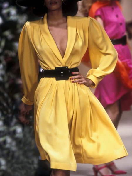 

V Neck Regular Fit Elegant Plain Daily Dress, Yellow, Mini Dresses