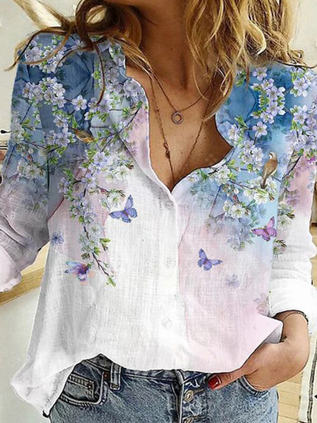 

Romantic Casual Botanical Floral Print Long Sleeve Shirt, White, Blouses & Shirts