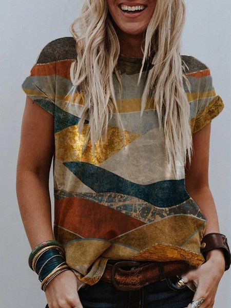 

Boho Geometric Color Block Printed Loosen Short Sleeve T-Shirt, Flower, T-Shirts
