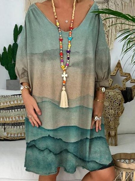 

Casual Landscape Print V-Neck Spring New Popular Designer Women's Long sleeve women Dress, Multicolor, Dresses