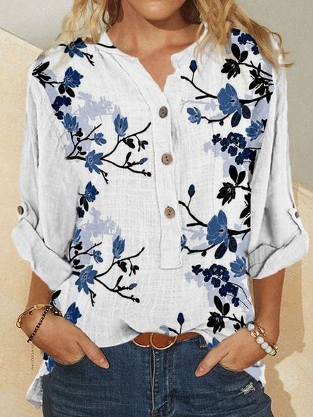 

Floral Printed Buttoned Casual Long Sleeve Loosen Tops, White, Tops