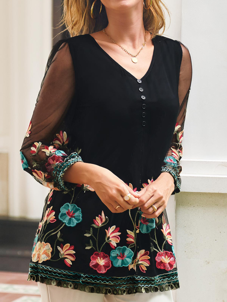 

V Neck Floral Casual Long Sleeve Tops, Black, Tops