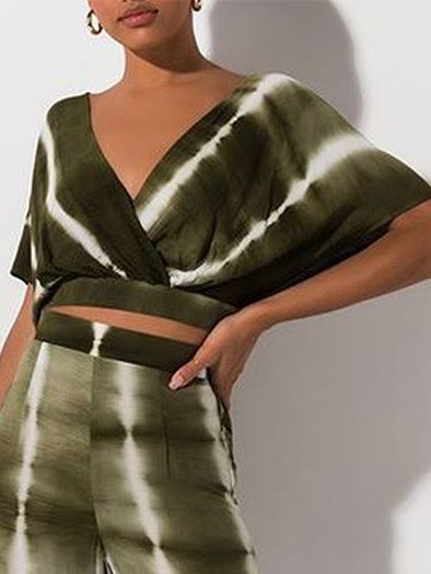 

Abstract Linen Short Sleeve Blackless Top, Green, Tops