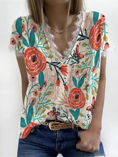 

Floral Printed Casual Vacation Lace V-neck Short Sleeve T-Shirts, Beige, T-Shirts