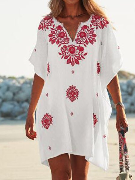 

Boho Floral V Neck Short Sleeve Woven Dress, Red, Mini Dresses