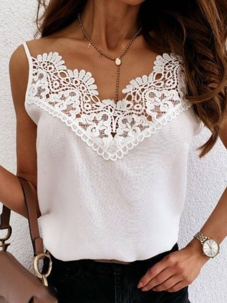 

Regular Fit Casual V Neck Tank, White, Tank Top