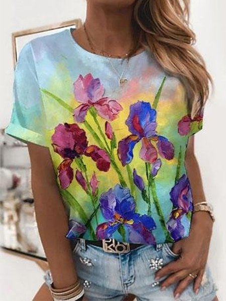

Floral Short Sleeves Crew Neck Plus Size Casual Tops, Multicolor, T-Shirts