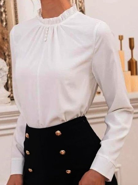 

Ruffle Collar Plain Elegant Long Sleeve Top, White, Tops