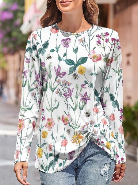 

Bee Floral Print Knotted Tie Button-Side Long sleeve tops, As picture, Long sleeves
