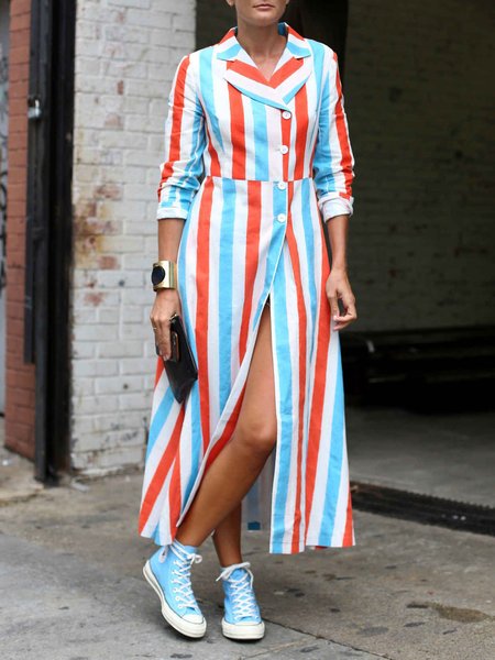 

Striped Lapel Regular Fit Long Sleeve Woven Dress, Blue, Maxi Dresses