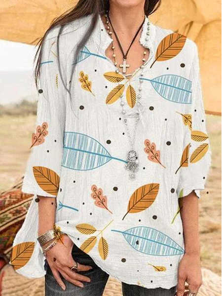 

V Neck Boho Cotton Blends Short Sleeve Tops, White, T-Shirts