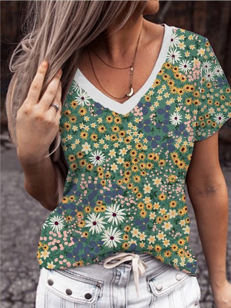 

Regular Fit Casual V Neck Short Sleeve T-Shirt, Multicolor, T-Shirts