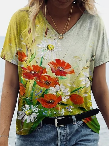 

Floral V Neck Vacation Short Sleeve T-Shirt, Multicolor, T-Shirts