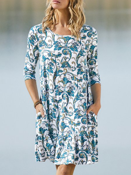

Loosen Casual Floral Long Sleeve Knit Dress, Blue, Mini Dresses