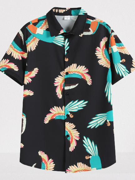 

Mens Parrots Print Casual Breathable Short Sleeve Hawaiian Shirts, Black, Men's Floral shirt