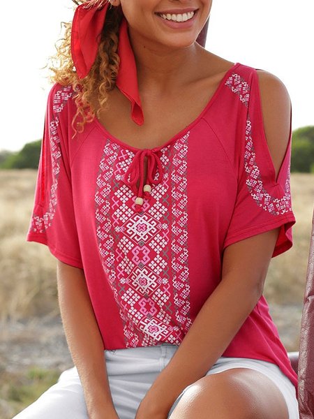 

Casual Cotton Blends Tribal Short Sleeve Tops, Pink, Blouses & Shirts