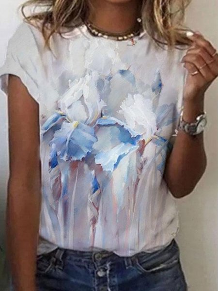 

Casual Cotton Blends Floral Short Sleeve Tops, Blue, Tops